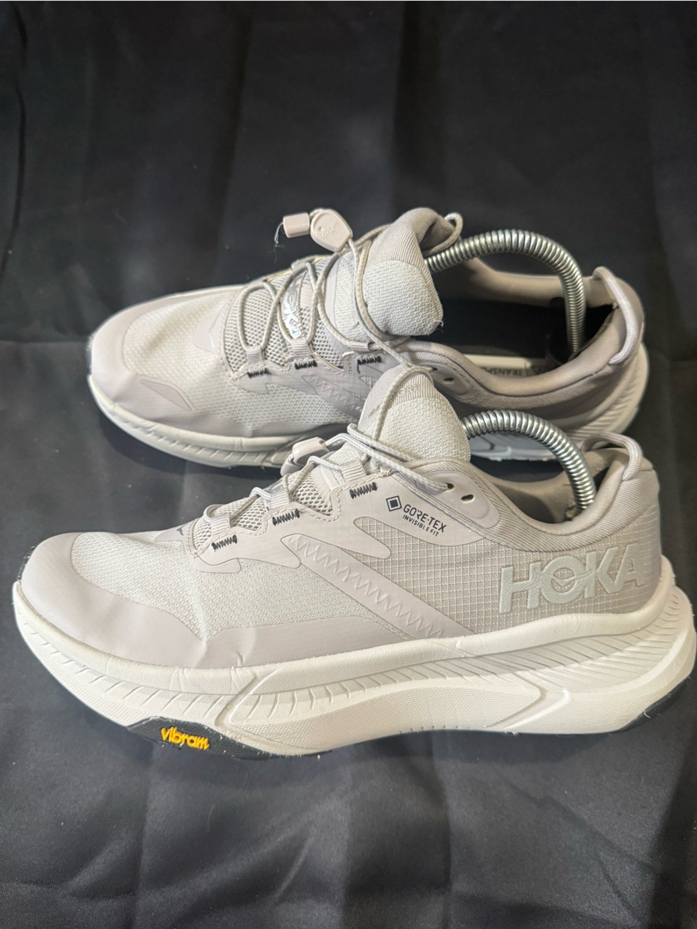 Hoka Gore-Tex Trail Shoes in Light Gray and White(defect rear right & heel patch
